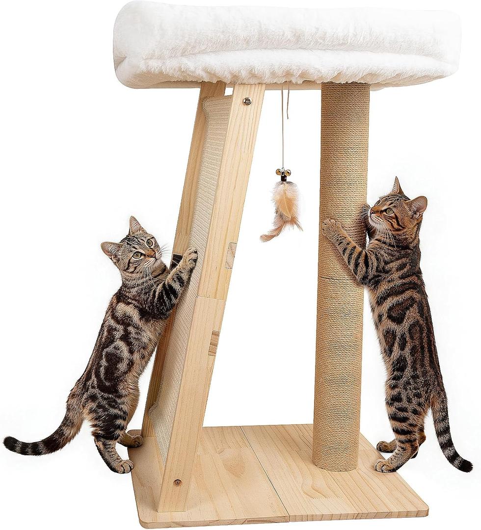 31.5" Cat Scratching Post, 3-in-1 Multifunctional Natural Pine Wood Cat Furniture, Tall Scratch Posts with Perch & Scratcher, Boxed with Hanging Bell Toy, Large