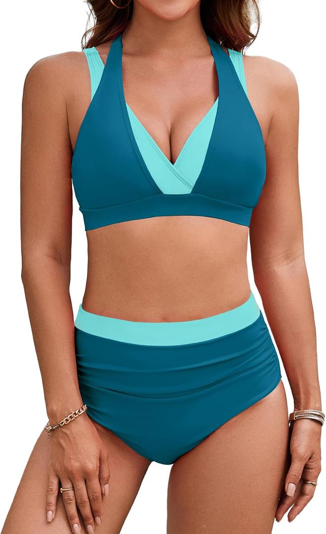BMJL Women's High Waisted Bikini Sets Tummy Control Swimsuits Two Piece Color Block Modest Bathing Suit (Deep Teal) S