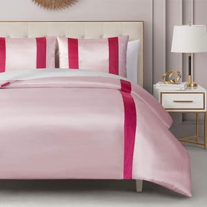 Juicy Couture Velvet Stripe on Satin Pink King Duvet Cover Set - 3 Piece Luxury Bedding Ensemble