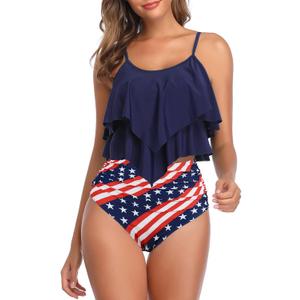American Trends High Waisted Tankini Swimsuits for Women Flounce Top Tummy Control Bathing Suits (6-8, 28 American Flag)