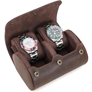 CONTACTS Genuine Leather Watch Roll Travel Watch Case 2 Slot Crazy Horse Leather Watch Box Organizer for Men Storage Display Protector Pouch (for 2 Pieces Watches)