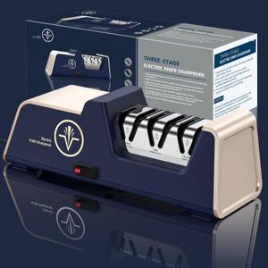 Professional Electric Knife Sharpener with 100% Diamond Abrasives and Precision Angle Guides for Kitchen Straight Edge&Ceramic Knife Work Sharp, 3-stage Champagne Gold, afilador de cuchillos (Noble Blue & Noble Gold)