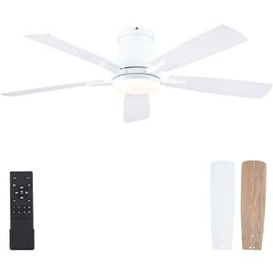52" Ceiling Fans with Lights-Low Profile Ceiling Fan with Light and Remote/APP Control,Flush Mount,DC Reversible,LED Dimmable Ceiling Fans for Bedroom,Indoor/Outdoor Patio Use(White)