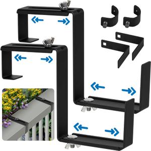 Adjustable Planter Box Bracket, Black, 1 Pair - Hanging, Metal Alloy Steel Iron, Compact, No Drill, Fits 5-8.3 Inch Width, Suitable for Railings, Windows, Balconies, Fences
