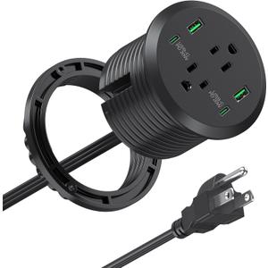 Desktop Power Grommet 3-inch Hole, 40W Total Fast Charging Station, 2 PD 20W USB C Port, Flush-Mount Recessed Power Strip, 2 AC Outlets, 4 USB Ports, in to The Top of Your Desk, 6ft Cord