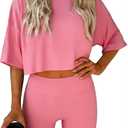 Jenisso Women 2 Piece Lounge Set 2026 Summer Short Sleeve Crop Tops Shirts Matching Shorts Travel Outfit Clothes (Pink, XL)