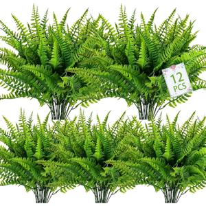 LZAAYNGS 24 Bundles Artificial Plants, Fake Boston Fern Grass Eucalyptus Greenery Outdoor UV Resistant No Fade Faux Plastic Plants Garden Porch Window Box Decorations