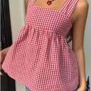 WDIRARA Women's Square Neck Tie Back Tank Top Plaid Peplum Babydoll Tops (Red)large