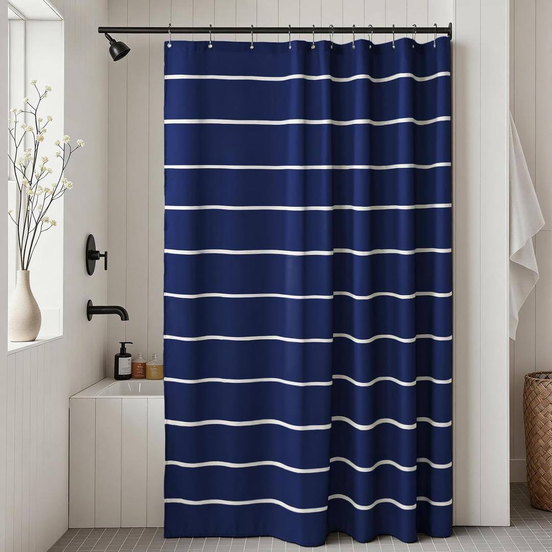 Navy Blue Striped Shower Curtain, Modern Coastal Bathroom Decor, Clean White Horizontal Stripes, Linen Texture Waterproof Fabric, 72" x 72"