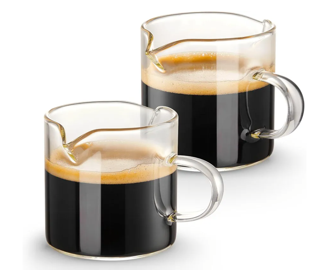 Espresso Cups Set of 2, 4 OZ Double Spouts Cups, Shot Glasses, Milk Cup with Handle, Clear Glass, Espresso Accessories for Machine, Small