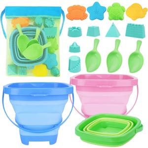 RACPNEL Collapsible Beach Toys for Kids, 3 Pack Foldable Sand Buckets and Shovels Set with Mesh Bag, Silicone Pails for Beach Travel Essentials, Easter Egg Hunt, Sand Toys Molds for Kids and Toddlers