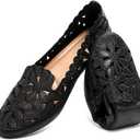 HEAWISH Women's Floral Ballet Flats for Women Black Beige Slip On Flowers PU Leather Round Toe Dress Shoes  size 9.5, Black