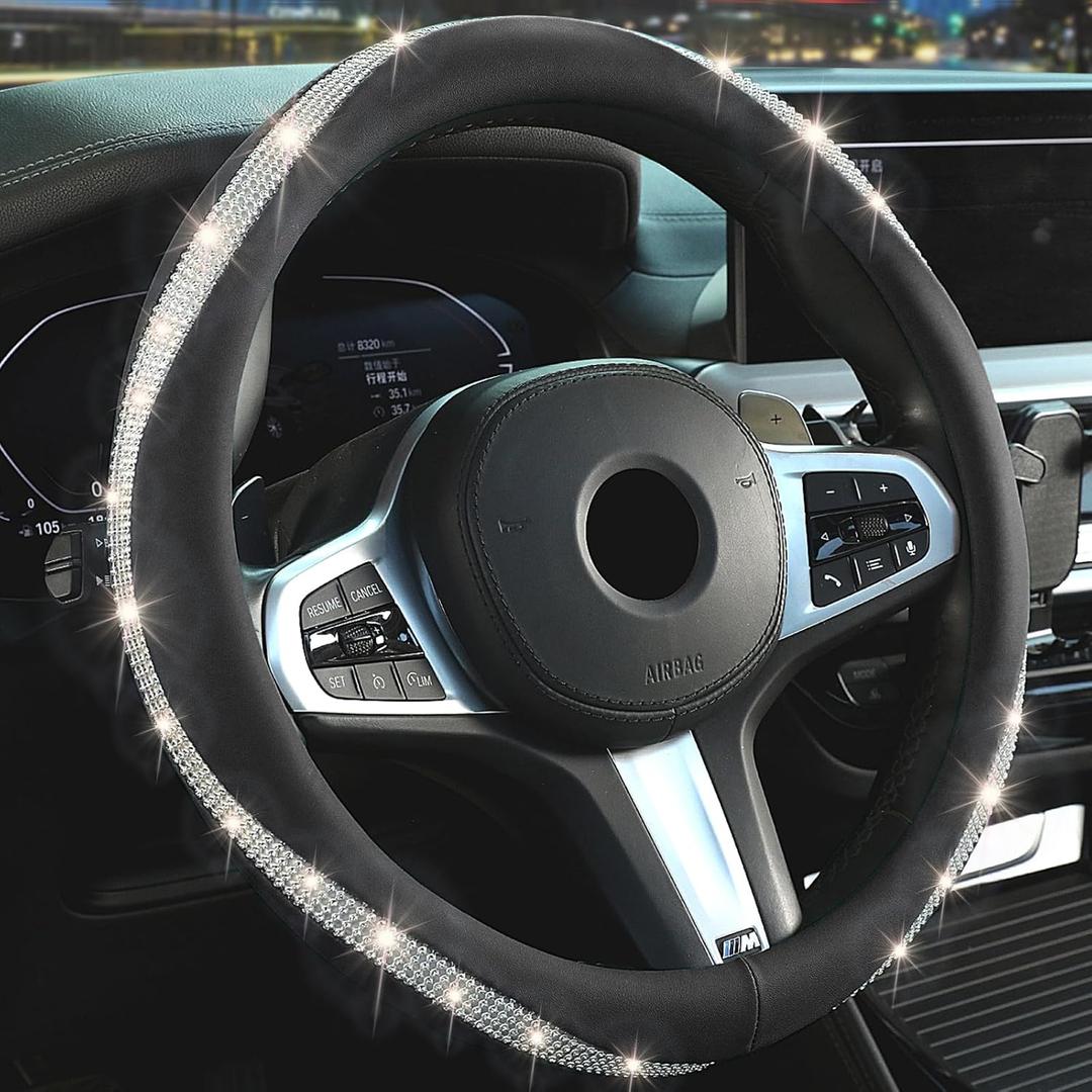 Bling Steering Wheel Cover14.5-15 Inch Car Steering Wheel Cover with Diamond Crystal RhinestoneDelicate and Anti-Slip Sparkly Car Wheel Protector for Women GirlBlack