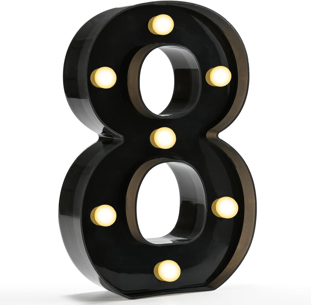 Pooqla Decorative Led Light Up Number Letters, Black Plastic Marquee Number Lights Sign for 8th 18th 80th Birthday Party Wedding Decor Battery Operated Black Decoration 8