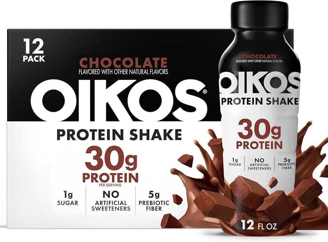 Oikos Protein Shake, Chocolate, 30g High Protein Drinks, Shelf Stable, Ready to Drink, 5g Prebiotic Fiber, 12 fl oz Bottle, 12 Count, BB Date: 12/12/2026