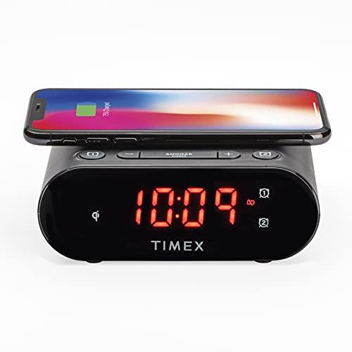 Timex Bedside Wireless Charging Dual Alarm Clock, with Large LED Display, Dimmer, Snooze bar and Battery Backup (TW300)- Perfect for Bedside Tables