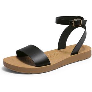 DREAM PAIRS Womens One Band Ankle Strap Buckle Flat Sandals (8.5, Black/Pu)