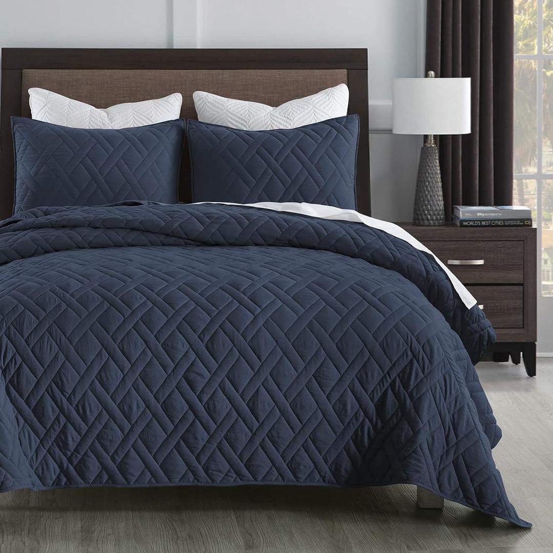 HORIMOTE HOME Quilt Set Queen Size Navy Blue, Classic Geometric Diamond Stitched Pattern, Ultra Soft Microfiber Lightweight Bedding Bedspread Coverlet for All Season with 1 Quilt 2 Pillow Shams, Full/Queen