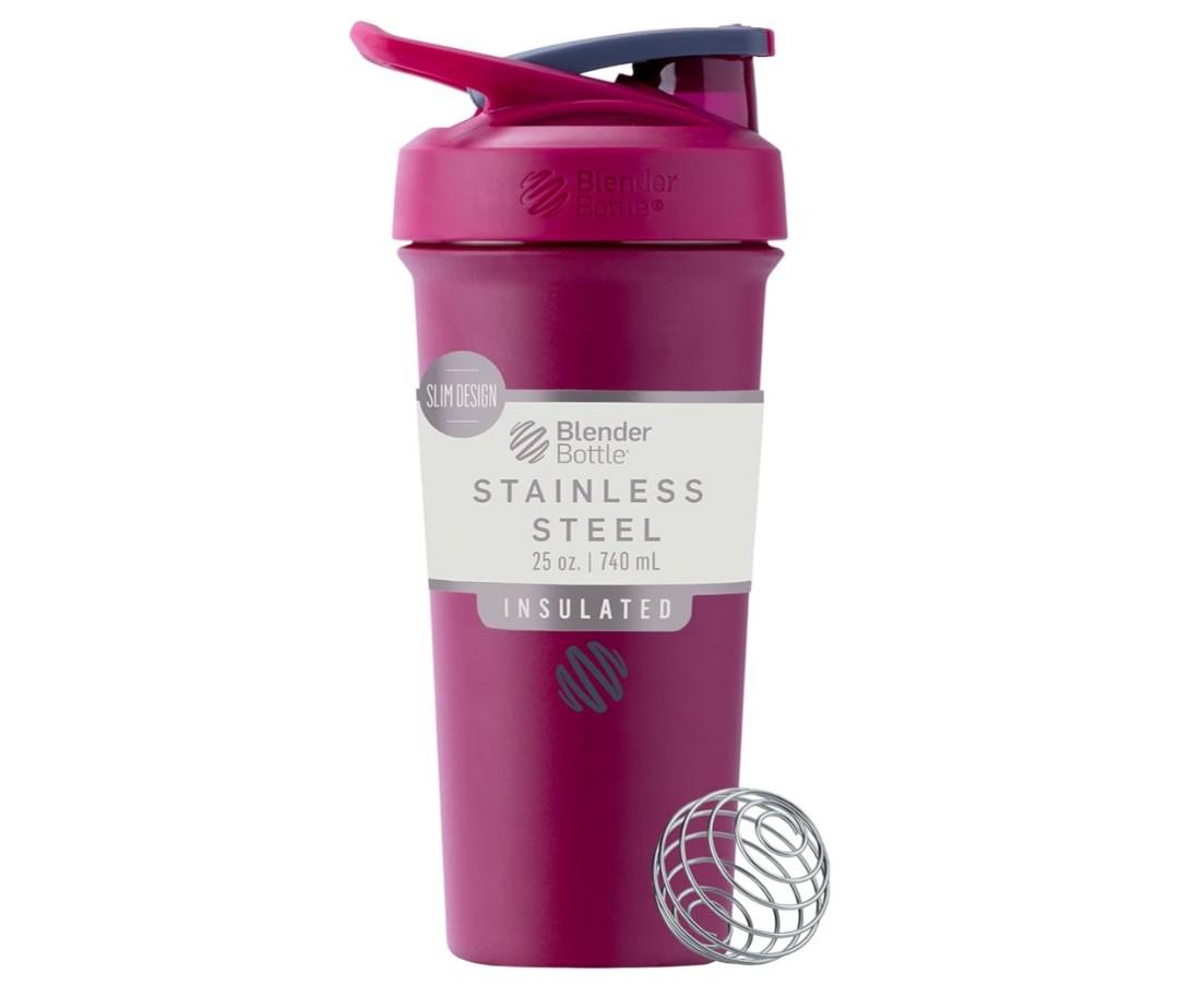 BlenderBottle Sport Sleek Insulated Stainless Steel Shaker Bottle with Wire Whisk, 25-Ounce, Raspberry – Protein Shakes & Hydration for Athletes & Fitness Enthusiasts, Easy Mixing, Lockable Lid