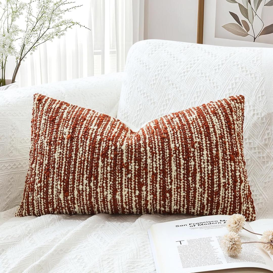Artscope Lumbar Throw Pillow Cover 12x20 Super Thick Body Pillow Cover Decorative Boucle Textured Morden Neutral Accent Italian Style Pillowcase for Bedroom Living Room Couch Sofa Home Décor-Rust