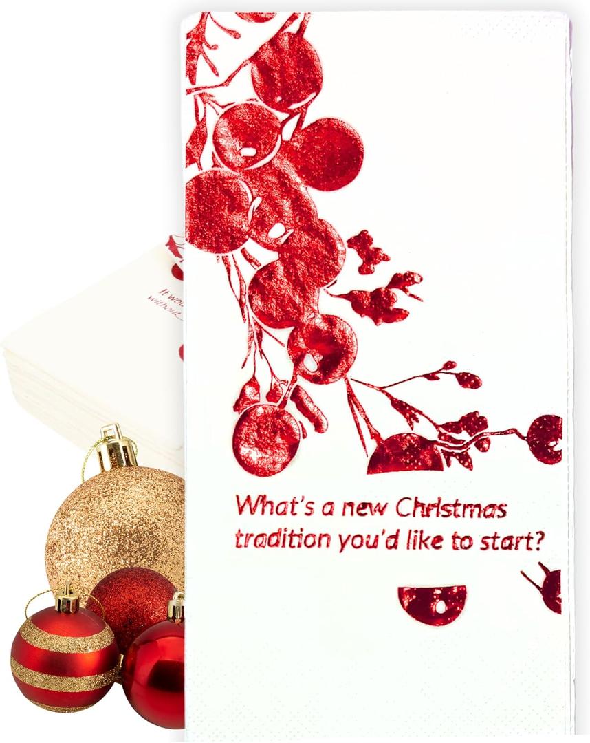 COTIER Convokins Conversation Starter Christmas Dinner Napkins - Disposable Red and White Holiday Cranberry Napkins for Family Dinner and Christmas Parties, Fun Conversation Starters 3-Ply, 20 Pack