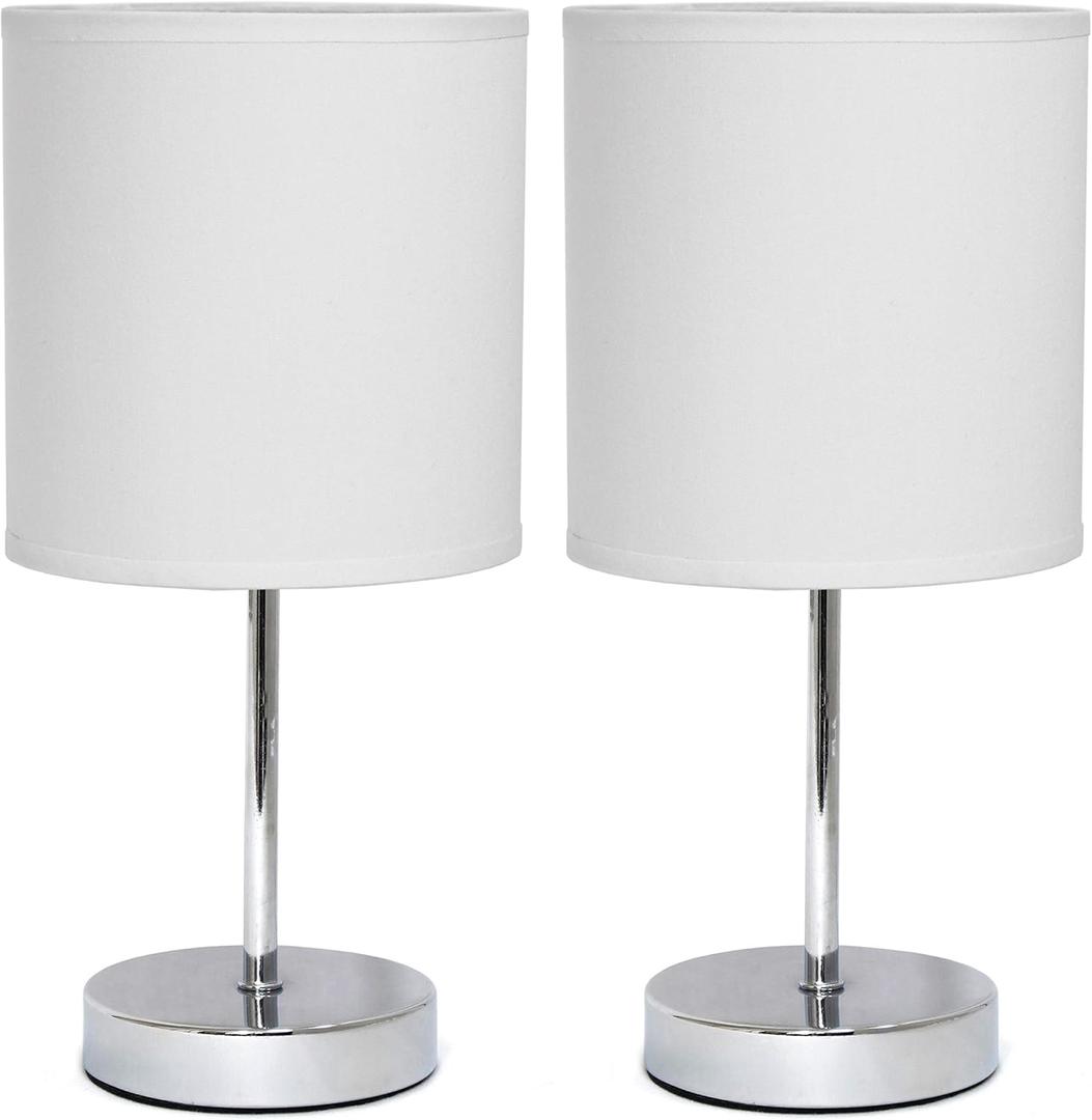 Simple Designs LT2007-WHT-2PK Chrome Mini Basic Table Lamp with Fabric Shade 2 Pack Set, White (No Bulb)