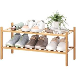 BMOSU 2-Tier Bamboo Shoe Rack Premium Stackable Shoe Shelf Storage Organizer for Hallway Closet Living Room Entryway Organizer (Natural Bamboo)