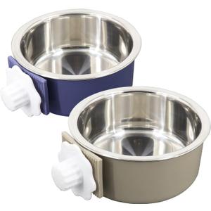 Dog Crate Bowl, Hanging Stainless Steel Removable Pet Crate Water & Food Bowls, Pet Cage Feeder Container Coop Cup for Cat Puppy Birds Rats Guinea Pigs Rabbit Hamster (2PCS) (Dark Blue/Grey)