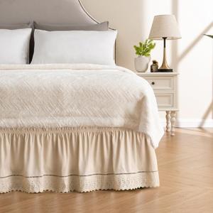 MIYE Wrap Around Ruffled Lace Bed Skirt, Elastic Dust Ruffle with Adjustable Belts, Easy to Put On, Bed Frame Cover, Machine Washable (Embroidered/Cream, King/Queen-15 Drop)