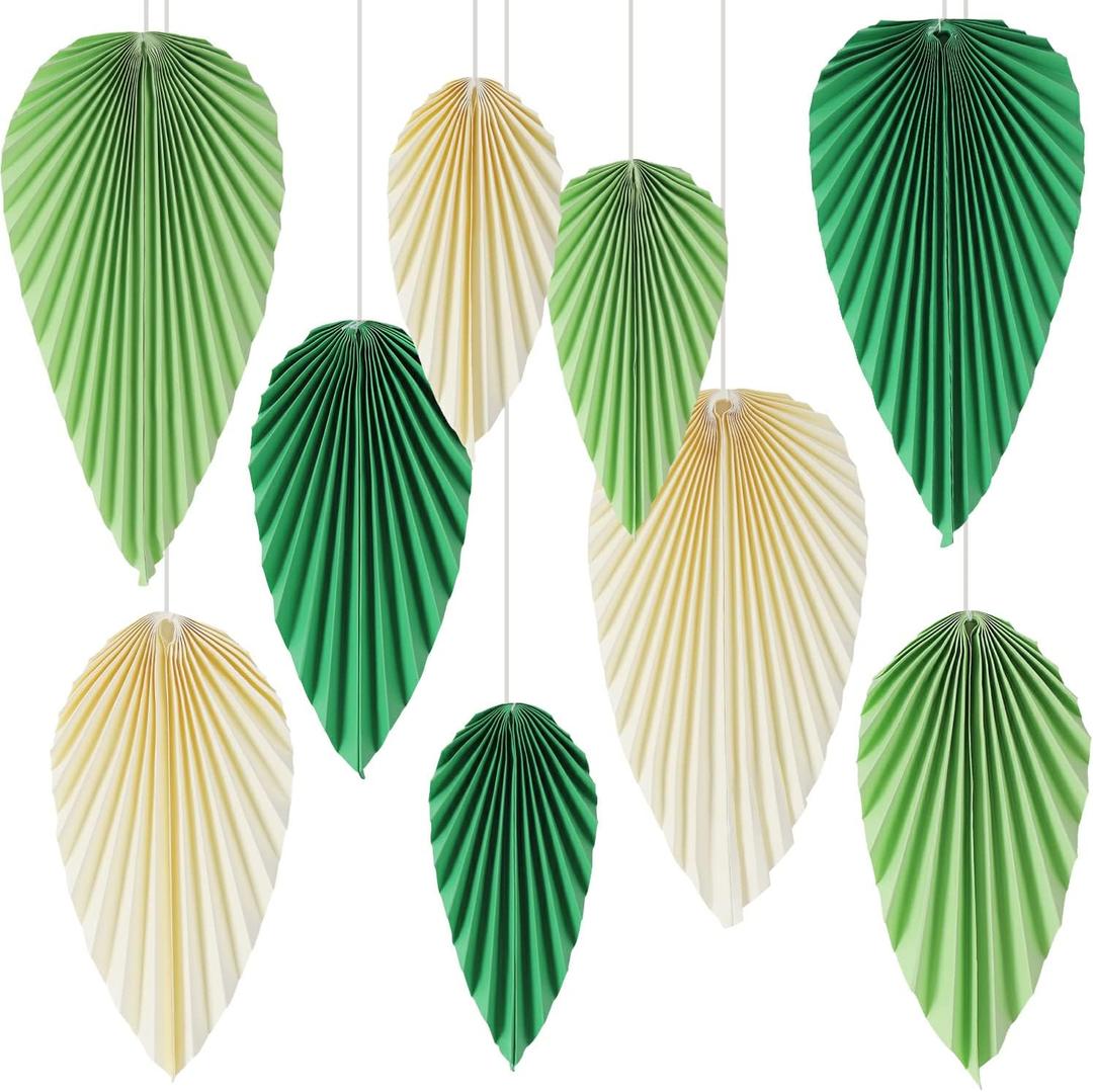 SUNBEAUTY Paper Fans Party Decorations Green Paper Leaves for Decoration Paper Palm Leaves Party Decoration Jungle Classroom Decor Green Birthday Decorations,Set of 9