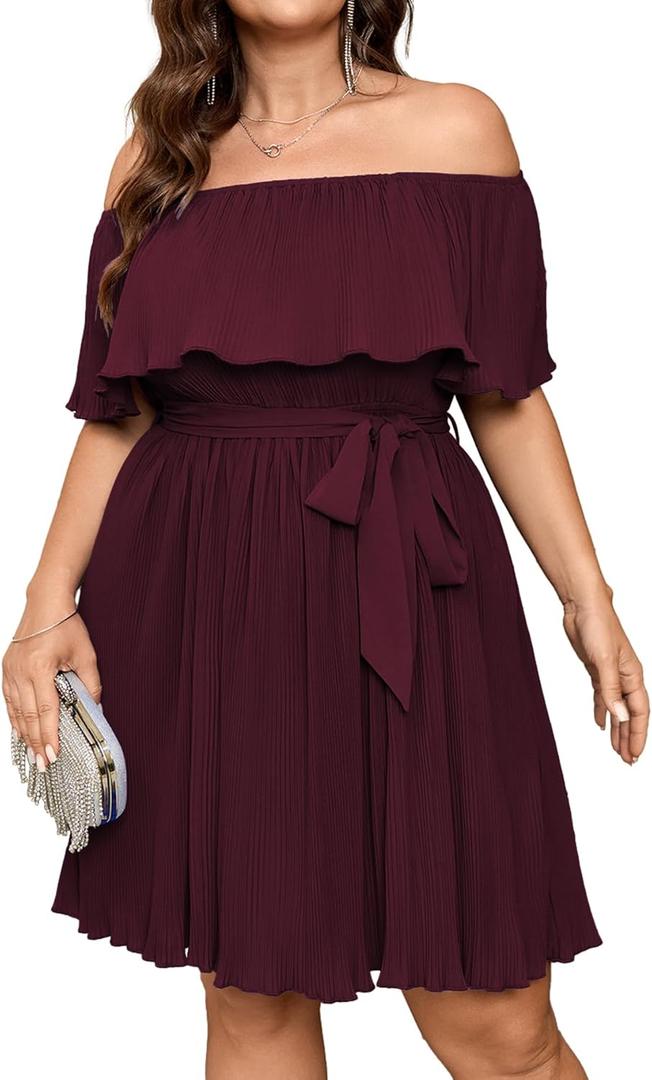 SCOMCHIC Women's Plus Size Cocktail Dress Off The Shoulder Flowy Pleated Wedding Guest Party Short Dress