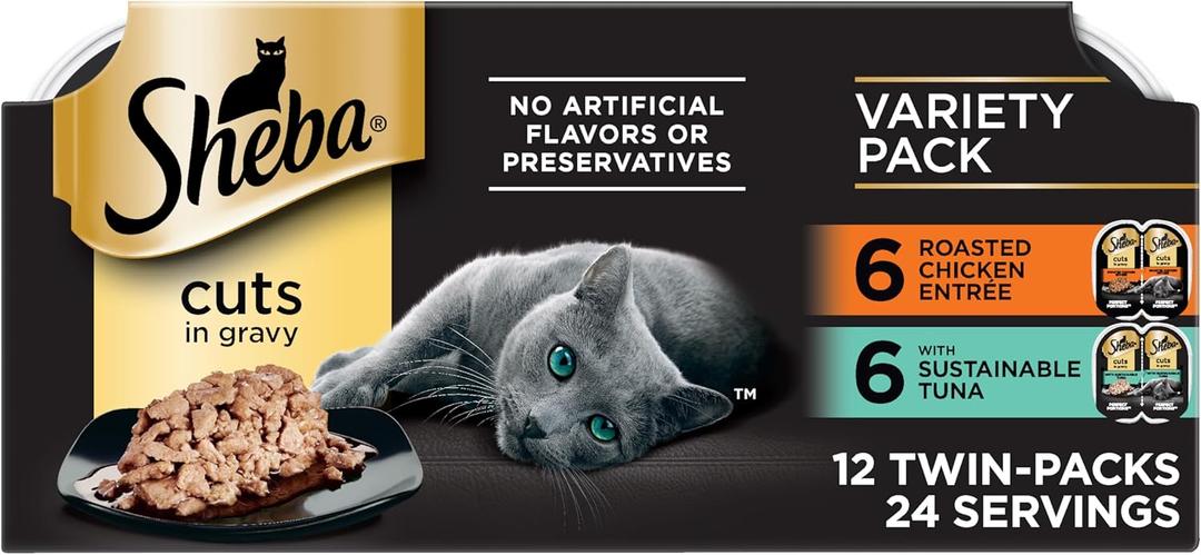 Sheba Perfect Portions Wet Cat Food Cuts in Gravy, Roasted Chicken Entree and with Sustainable Tuna, 2.6 oz. Twin-Pack Trays (12 Count, 24 Servings) BB 10/6/27