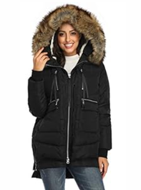 FADSHOW Women's Winter Thickened Down Jackets Long Down Coats Warm Parka with Fur Trimmed Hood, Black, S