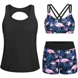 Yonique Tankini Swimsuits for Women 3 Piece Bathing Suits Swim Tank Top with Boy Shorts and Bra Modest Swimwear Size XXS