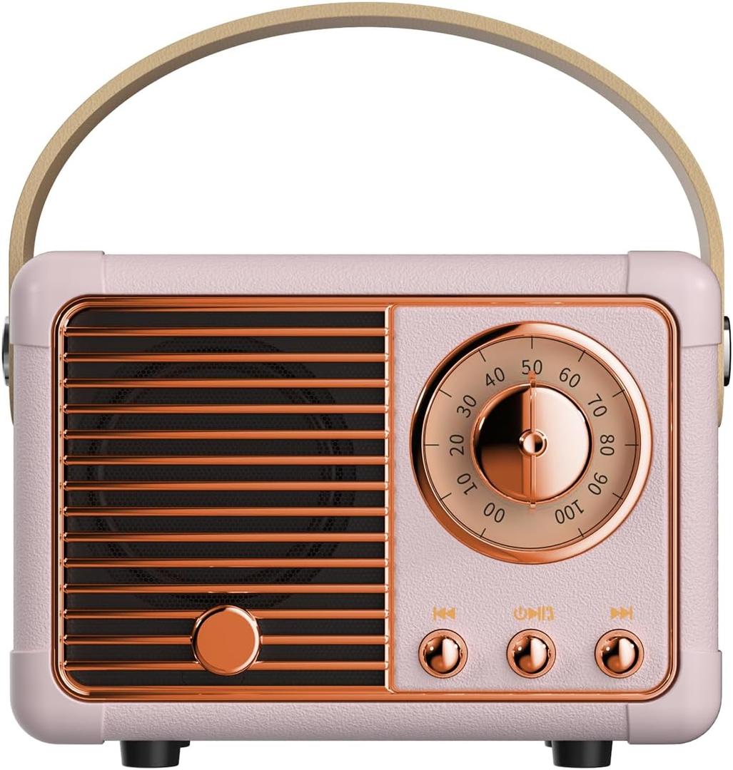 Retro Bluetooth Speaker, Wireless Mini Portable Speakers Vintage Radio Support USB/TF Card/AUX, Cute Bluetooth Speaker for Kitchen Desk Bedroom Office, Birthday Gifts for Women Teenage, Pink