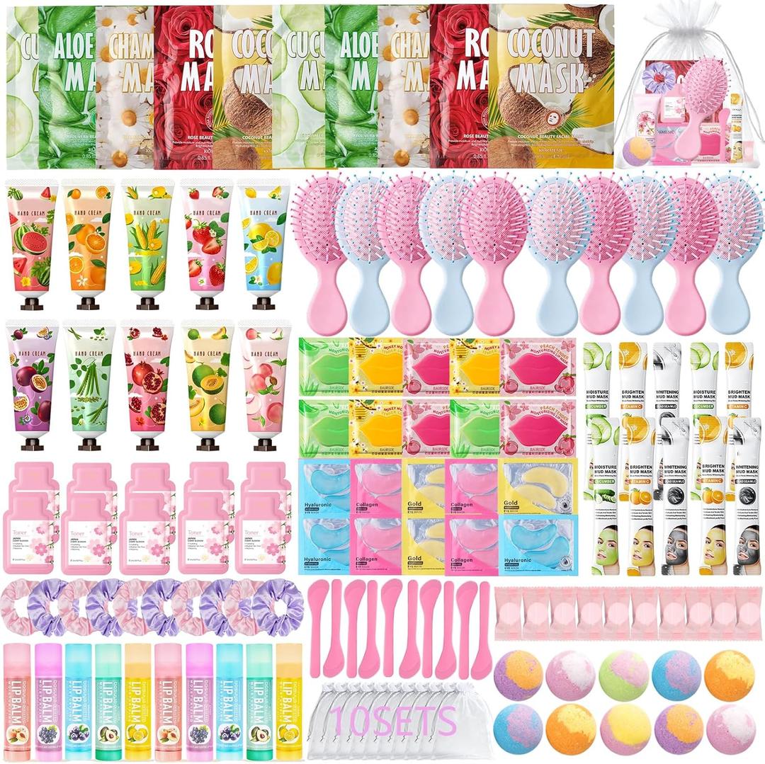 130 PCS Spa Party Supplies for Women, Include Face Masks Skincare, Hand Cream, Lip Balm, Lip Mask, Under Eye Patches,Hair Brush, Foot Bath Bombs,Spa Birthday Sleepover Party Supplies for Girls Women