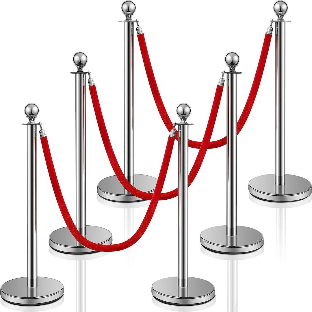 Ferraycle 2025 Prom Stainless Steel Stanchion 5 ft Velvet Carpet Ropes and Pole Crowd Control Barriers Grand Opening Casino Movie Theme Party 360 Photo Booth Accessories (Silver) Set of 2