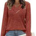 SAMPEEL Sweaters for Women Long Sleeve Shirts V Neck Tops with Buttons Fall Fashion Outfits Winter Clothing 2025