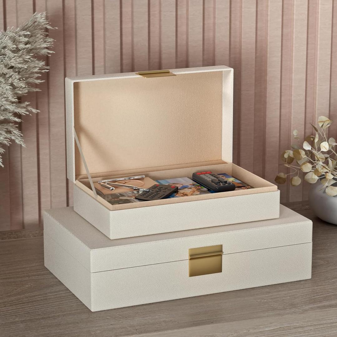 Decorative Storage Boxes Set of 2 - Multi-Purpose Beautiful PU Leather Organizer Bins for Your Home Decor - Decorative Containers with Lids Store Photos, Documents, Memory Box Keepsakes (Beige)