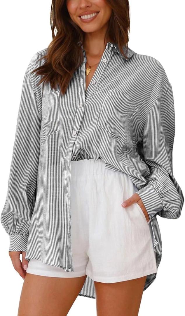 BWQ Women's Striped Button Down Shirts with Pocket Casual Collar Long Sleeve Stylish Boyfriends Blouse Tops (Black, Size S)