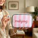 Embroidered Mahjong Tile Bag with Zipper, Thickened Mini Mahjong Pouch for 166 Tiles, Portable Travel Game Organizer, 10 x 6.8 x 3.5 Inches, Pink