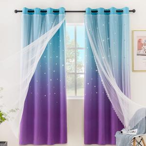 Stiio Girls Curtains for Bedroom W52 x L84 inches 2 Panels, Kids Star Rainbow Colorful Curtains Cutout Room Darkening Blackout Curtains Double Layer Blue Purple Ombre Stripe Curtains for Nursery Room (52"W x 84"L (Pack of 2))