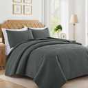 Lavsiry Dark Grey Quilt King Size with Striped Pattern, Lightweight Soft Summer Thin Microfiber Bedspread & Coverlet Bedding Set for All Seasons - 3 Piece(1 Quilt, 2 Pillow Shams)