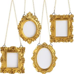 DoubleFill 4 Pcs Mini Gold Small Picture Frames Tiny Vintage Photo Frames Antique Resin Oval Rectangle Hanging Ornament with Back and Chain for Home Wedding Christmas Supply (Classic Style)