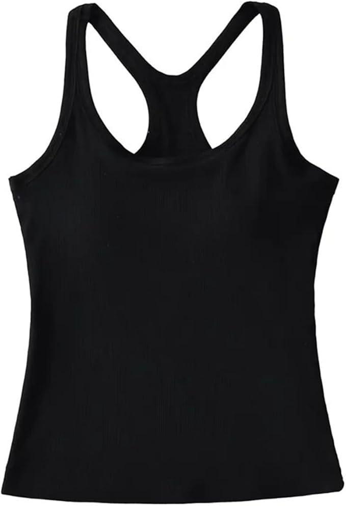 Women's Round Neck Racerback Tank Top Built-in Chest Pads Casual Slim Fit Camisole, Small