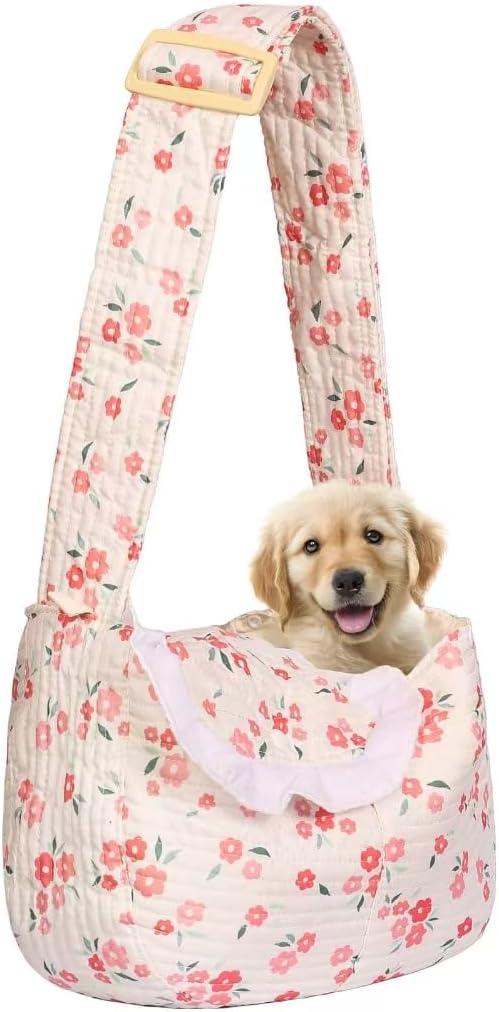 Floral Print Pet Carrier Bag for Small Dogs and Cats, Hands-Free Design Dog Purses (Red Floral, Small)