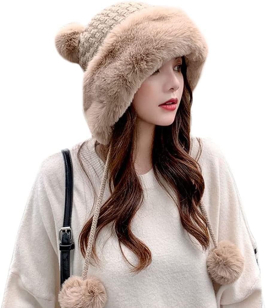 Winter Pompom Beanie Hats for Women Fluffy Knit Womens Beanie Faux Fur Crochet Skull Cap Warm Bucket Outdoor Ear Cover (One Size, Khaki)