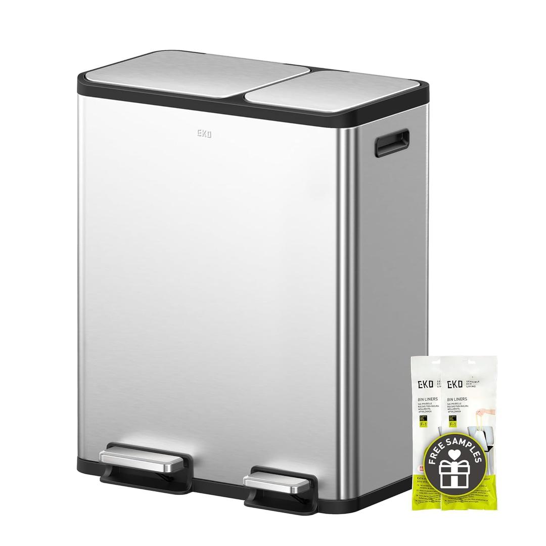 EKO EcoCasa Stainless Steel Dual Step Trash Can for Recycling, 30L+20L Rectangular Kitchen Trash Can, Independent Pedals and Lids, Soft Close and Fingerprint Resistant