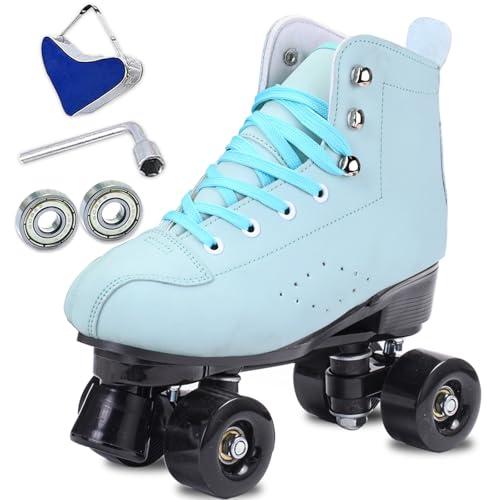 SCNUT Skates Women's Men's High Top Black PU Leather Skates Classic Double Row Skates Adjustable Outdoor Indoor Quad Skates and Roller Derby (Green Black Wheel, 46-Women's 12 / Men's 11)
