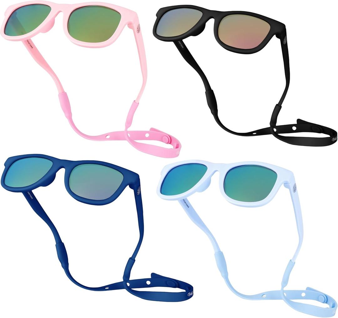 Polarized Baby Sunglasses With Strap - Unbreakable Flexible Infant Sunglasses For Toddlers Newborns 0-24 Months (4 Colors Bundle)
